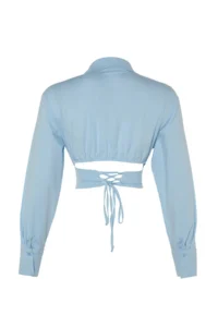 TRENDYOLMİLLA Mavi Crop Lined Corset Detailed Weaving Poplin Shirt - Image 8