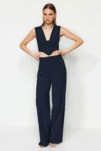 TRENDYOLMİLLA Navy Blue Plenty of Hem Weaving Pants - Image 2