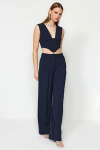 TRENDYOLMİLLA Navy Blue Plenty of Hem Weaving Pants - Image 3