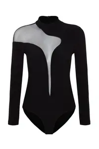 TRENDYOLMİLLA Black Transparent Detailed Knitting Tulle Bodysuit .D.00011