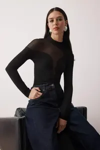 TRENDYOLMİLLA Black Transparent Detailed Knitting Tulle Bodysuit .D.00011 - Image 12