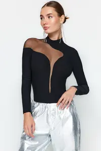 TRENDYOLMİLLA Black Transparent Detailed Knitting Tulle Bodysuit .D.00011 - Image 2