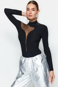 TRENDYOLMİLLA Black Transparent Detailed Knitting Tulle Bodysuit .D.00011 - Image 3