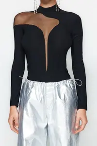 TRENDYOLMİLLA Black Transparent Detailed Knitting Tulle Bodysuit .D.00011 - Image 5