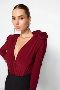 TRENDYOLMİLLA Burgundy Double breasted Collar Rose Accessory Detailed Bodysuit .D.00012 - Image 2