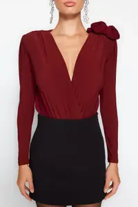 TRENDYOLMİLLA Burgundy Double breasted Collar Rose Accessory Detailed Bodysuit .D.00012 - Image 4