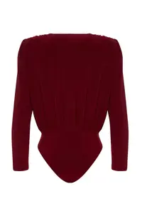 TRENDYOLMİLLA Burgundy Double breasted Collar Rose Accessory Detailed Bodysuit .D.00012 - Image 8