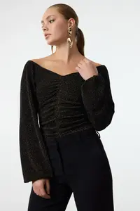TRENDYOLMİLLA Gold Carmen Collar Sparkly snaps Glitter Knitting Bodysuit .D.00016 - Image 2