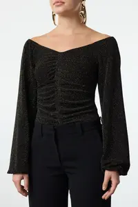 TRENDYOLMİLLA Gold Carmen Collar Sparkly snaps Glitter Knitting Bodysuit .D.00016 - Image 4
