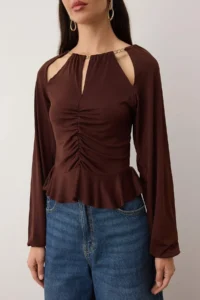 TRENDYOLMİLLA Dark Brown Window/Cut Out Detailed with accessories Knitting Blouse - Image 3