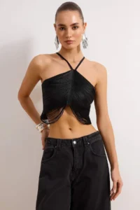 TRENDYOLMİLLA Black Crop Tassel Detailed Weaving Blouse