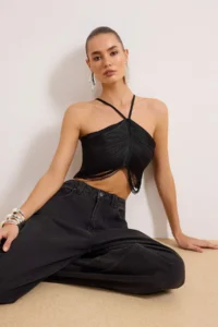 TRENDYOLMİLLA Black Crop Tassel Detailed Weaving Blouse - Image 2