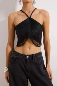 TRENDYOLMİLLA Black Crop Tassel Detailed Weaving Blouse - Image 3