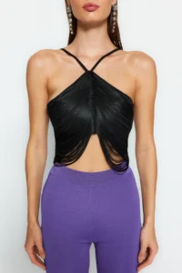 TRENDYOLMİLLA Black Crop Tassel Detailed Weaving Blouse - Image 8
