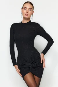 TRENDYOLMİLLA Black Simli Knitting Short Chic Evening Gown Gece Graduation Dress - Image 2
