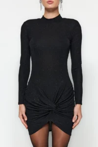 TRENDYOLMİLLA Black Simli Knitting Short Chic Evening Gown Gece Graduation Dress - Image 4