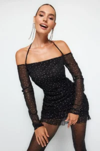 TRENDYOLMİLLA Black Polka Dot Lined Drapeli Knitting Tulle Short Chic Evening Gown her dress - Image 3