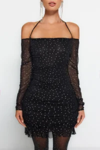 TRENDYOLMİLLA Black Polka Dot Lined Drapeli Knitting Tulle Short Chic Evening Gown her dress - Image 4