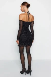 TRENDYOLMİLLA Black Polka Dot Lined Drapeli Knitting Tulle Short Chic Evening Gown her dress - Image 6