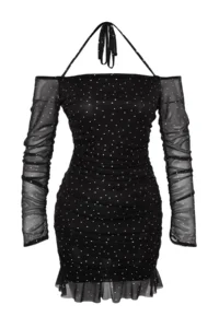 TRENDYOLMİLLA Black Polka Dot Lined Drapeli Knitting Tulle Short Chic Evening Gown her dress - Image 7