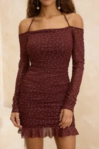 TRENDYOLMİLLA Brown Polka Dot Bodysuit hugging Ruffle / Drape Knitting Tulle Short / Mini Lined Elegant/Evening Dress - Image 3