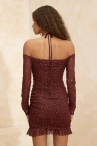 TRENDYOLMİLLA Brown Polka Dot Bodysuit hugging Ruffle / Drape Knitting Tulle Short / Mini Lined Elegant/Evening Dress - Image 4