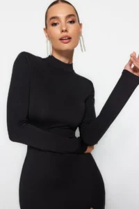 TRENDYOLMİLLA Black Body-Fitting Dog collar Knitting Short Chic Evening Gown Gece Graduation Dress - Image 3