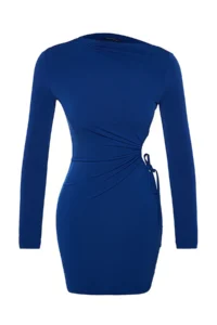 TRENDYOLMİLLA Saks Blue Fitted Window/Cut Out Detailed Short Chic Evening Gown Gece Graduation Dress - Image 7