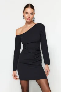 TRENDYOLMİLLA Black Body-Fitting Draped Weaving Short Chic Evening Gown Gece Graduation Dress - Image 2