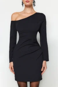 TRENDYOLMİLLA Black Body-Fitting Draped Weaving Short Chic Evening Gown Gece Graduation Dress - Image 5