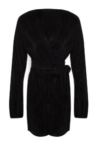 TRENDYOLMİLLA Black Belted A-Kesim Lined pleated Knitting Short Chic Evening Gown Gece Graduation Dress - Image 7