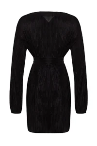 TRENDYOLMİLLA Black Belted A-Kesim Lined pleated Knitting Short Chic Evening Gown Gece Graduation Dress - Image 8