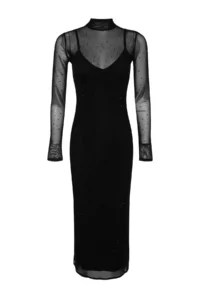 TRENDYOLMİLLA Black Shiny Stoned Tulle Evening Gown Gece Graduation Dress - Image 2