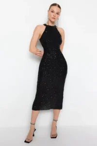 TRENDYOLMİLLA Black Lined Pullu Sequin Chic Evening Gown Gece Graduation Dress - Image 6