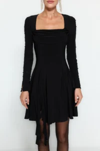 TRENDYOLMİLLA Black Pearl with accessories Knitting Short Chic Evening Gown Gece Graduation Dress - Image 4