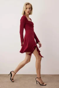 TRENDYOLMİLLA Burgundy Pearl with accessories Knitting Short Chic Evening Gown Gece Graduation Dress - Image 2
