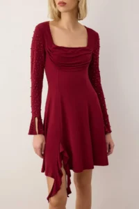 TRENDYOLMİLLA Burgundy Pearl with accessories Knitting Short Chic Evening Gown Gece Graduation Dress - Image 3