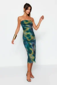 TRENDYOLMİLLA Multicolored Fitted Knitting Tulle Chic Evening Gown Night Graduation Dress - Image 2