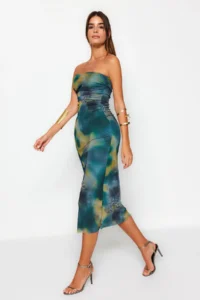 TRENDYOLMİLLA Multicolored Fitted Knitting Tulle Chic Evening Gown Night Graduation Dress - Image 3