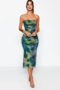 TRENDYOLMİLLA Multicolored Fitted Knitting Tulle Chic Evening Gown Night Graduation Dress - Image 4