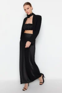 TRENDYOLMiLLA Black Weaving Satin LONG Skirt - Image 3