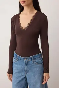 TRENDYOLMİLLA Brown Knitting Lace Collar Detailed Bodysuit .D.00007 - Image 3