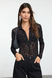 TRENDYOLMİLLA Black Tulle Knitting Bodysuit .D.00016