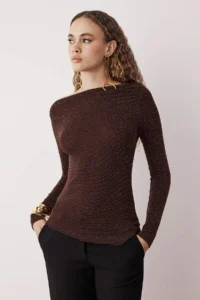 TRENDYOLMİLLA Brown Asymmetric Yaka Simli Knitting Elegant/Evening Party Blouse
