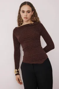 TRENDYOLMİLLA Brown Asymmetric Yaka Simli Knitting Elegant/Evening Party Blouse - Image 2