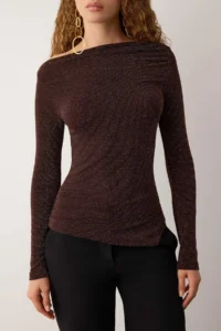 TRENDYOLMİLLA Brown Asymmetric Yaka Simli Knitting Elegant/Evening Party Blouse - Image 3