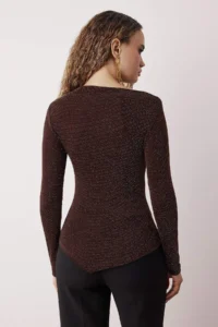 TRENDYOLMİLLA Brown Asymmetric Yaka Simli Knitting Elegant/Evening Party Blouse - Image 4