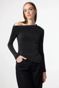 TRENDYOLMİLLA Anthracite Asymmetric Yaka Simli Knitting Elegant/Evening Party Blouse - Image 2