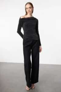 TRENDYOLMİLLA Anthracite Asymmetric Yaka Simli Knitting Elegant/Evening Party Blouse - Image 3