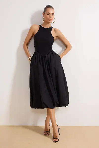 TRENDYOLMİLLA Black Top Bodysuit Skirt Part Balloon Poplin Evening Gown Gece Graduation Dress
